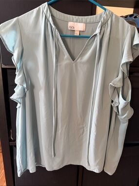 Pale Blue Ruffle Sleeve V-Neck Blouse